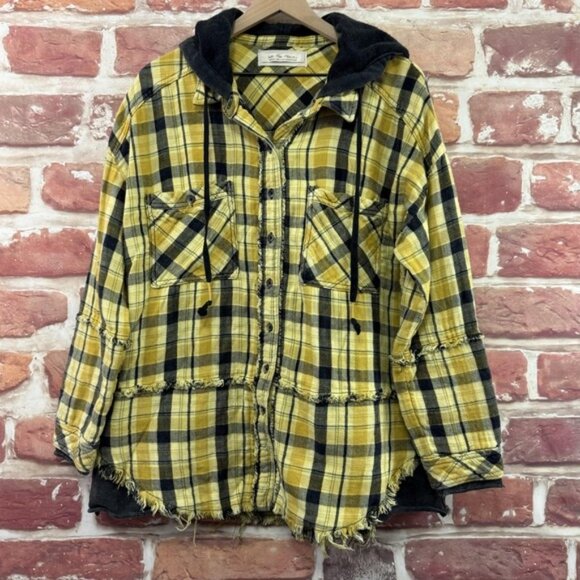 Free People Tops - Free People Calico Basin Shirt Jacket Women's M Yellow Plaid Distressed Hoodie
